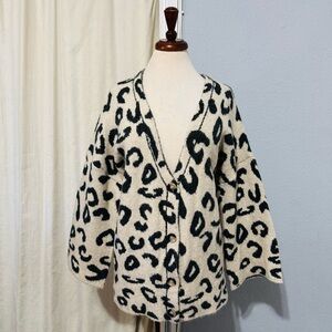Her Bottari Women Tan Black Leopard Print Cardigan Oversized Long Sweater Sz S/M